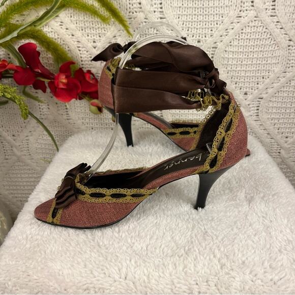 C. BANNER Pink Tweed Lace Detail Open Toe Ribbon Tie Up Kitten Heel Pumps 5.5 - Picture 4 of 12